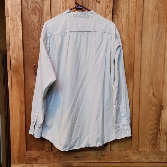 Roundtree & Yorke Button Down Collarless 100% Cotton Shirt Tan & White Stripes - Picture 2 of 6